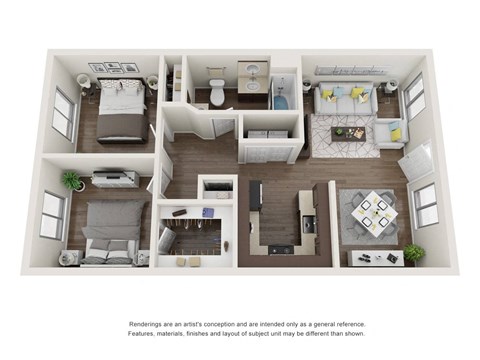Floor plan for 2 beds, 1 bath, 845 sqft